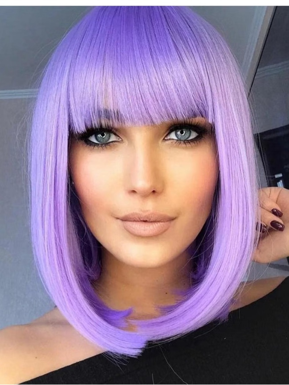 Purple Short Straight Bob Wig with Bangs - 12 Inch